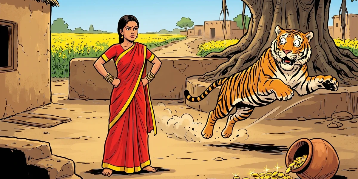 The Punjabi barber's clever wife stands fearless before a startled tiger in her village courtyard - Tales of the Punjab folk story