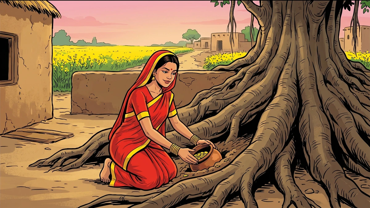 The clever wife of the Punjabi barber buries her own savings of gold under the giant peepul tree at dawn