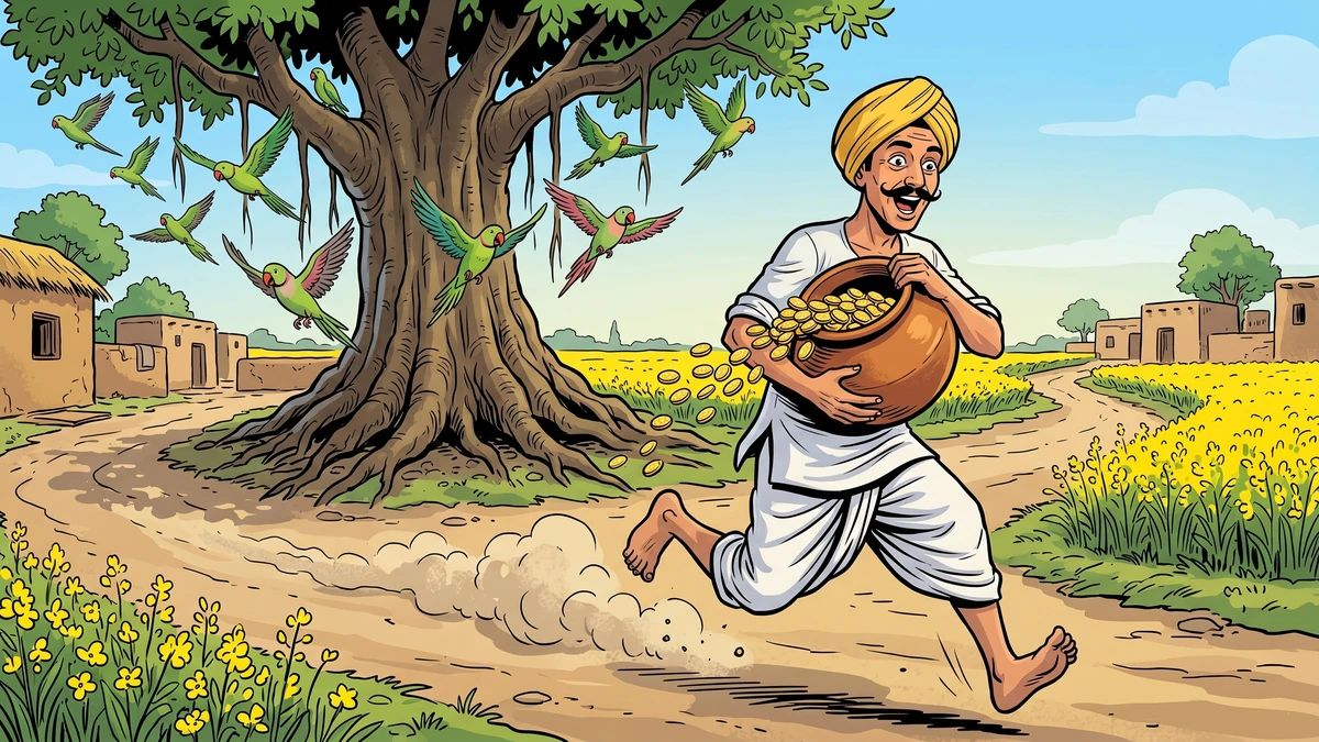 The poor Punjabi barber Gopal runs home through the village with a clay jar full of bright Mughal gold coins