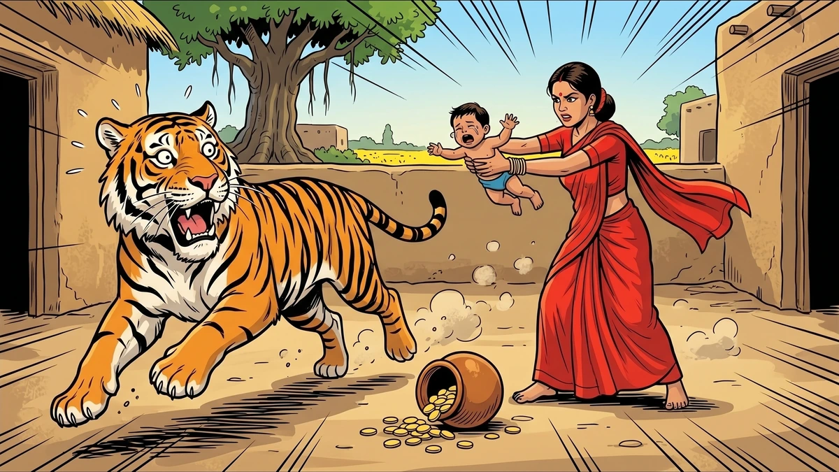 The barber's clever wife frightens the great striped Bengal tiger by pretending her crying child wants tiger flesh