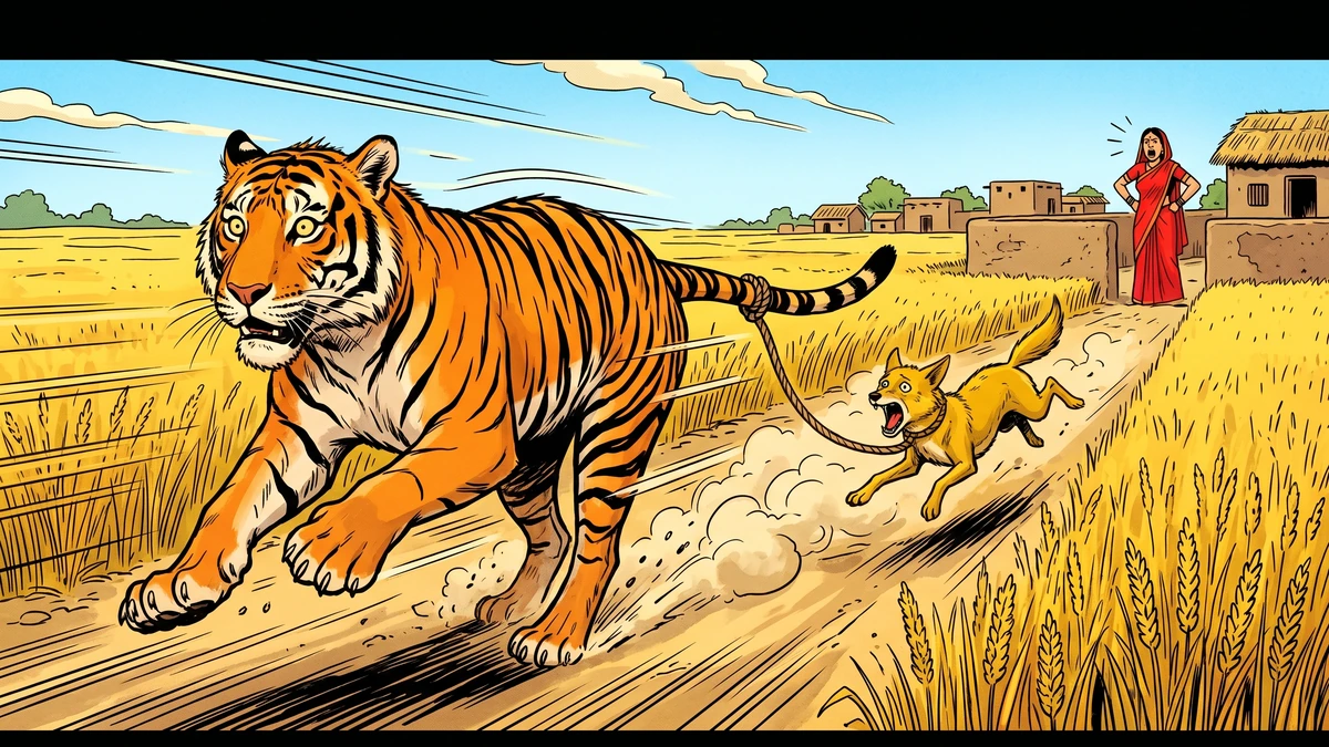 The terrified tiger drags the screaming jackal through golden Punjabi millet fields after the wife shouts about seven tigers