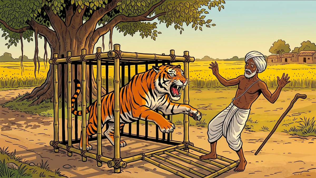 ACK-style scene: orange Bengal tiger leaping from open bamboo cage, the pious Brahman recoiling, his walking-staff falling — the moment of betrayal in 'The Tiger, the Brahman, and the Jackal (Another Version)'.