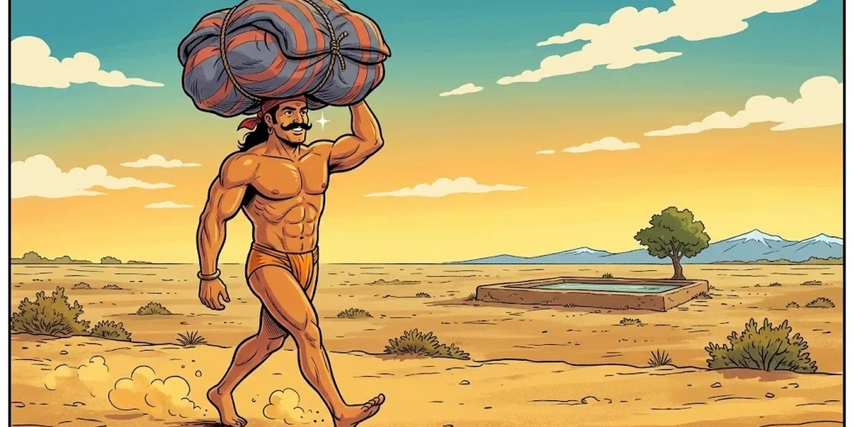 ACK-style illustration: a giant Punjabi pahalwan strides jauntily across the Bar desert at golden afternoon, balancing an enormous indigo-and-vermilion striped flour-sack on his head