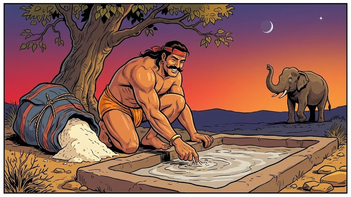 ACK-style illustration: the Punjabi pahalwan kneels at a small mud-walled desert pond at dusk, stirring his ten-thousand-pound flour into the water to make brose, while a distant elephant approaches