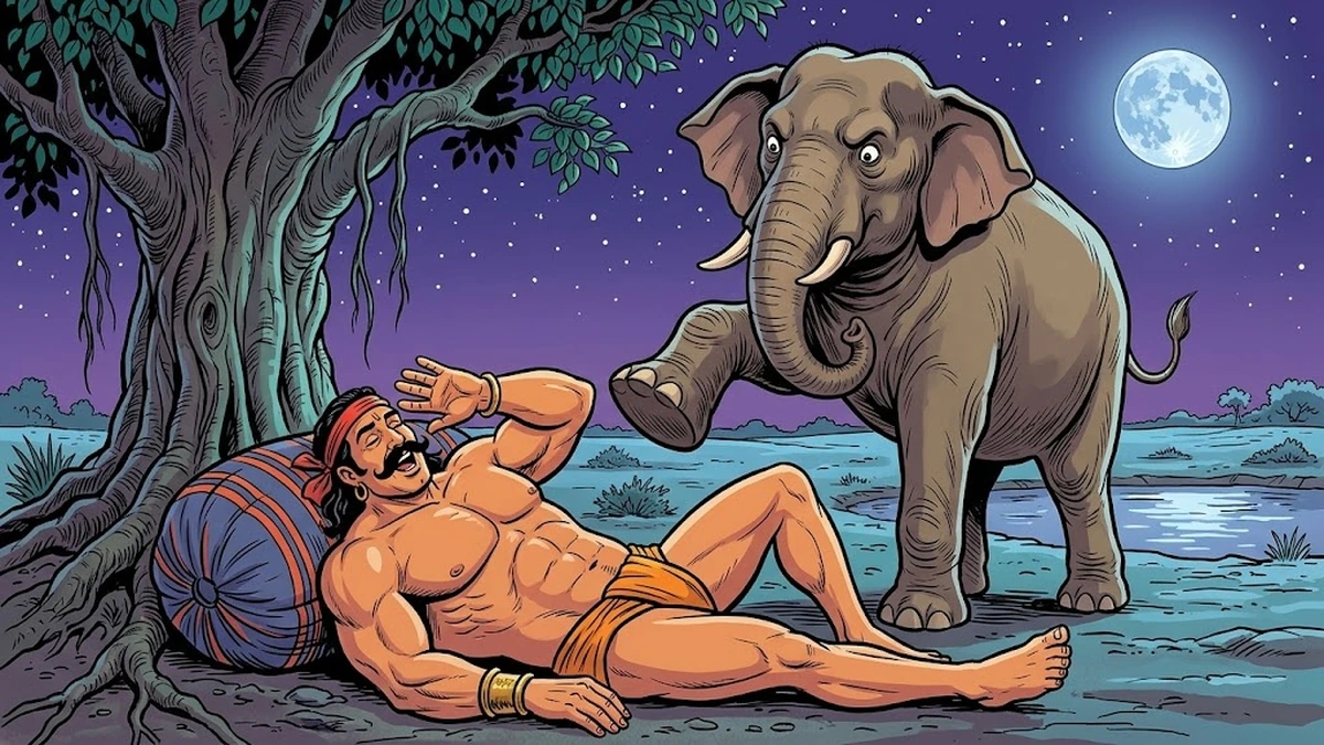 ACK-style illustration: a furious grey Indian elephant lifts its huge front foot to stamp on the sleeping Pahalwan, who is mid-yawn and entirely unbothered, lying under a moonlit pipal tree