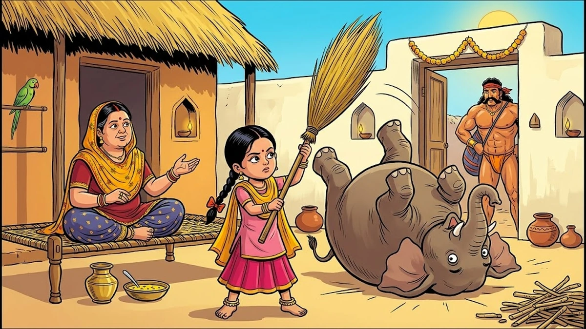 ACK-style illustration: a small Punjabi girl in pink ghagra-choli raises a tall grass jhadu broom to sweep a fallen Indian elephant out of her courtyard, while her composed mother looks on from a charpai