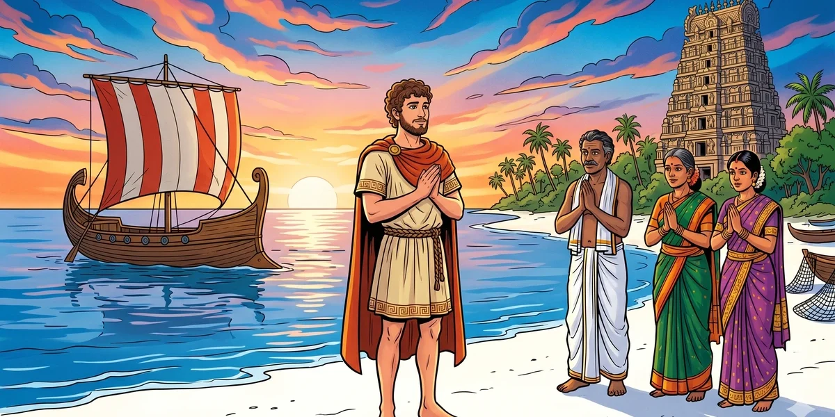 ACK-style cover for 'A Traveler's Tale from India': a young Greek man Nicholas in cream tunic and russet cloak arrives at the Coromandel beach at sunrise, his ship Argyra anchored offshore, Tamil welcomers in white dhotis and silk sarees folded in na