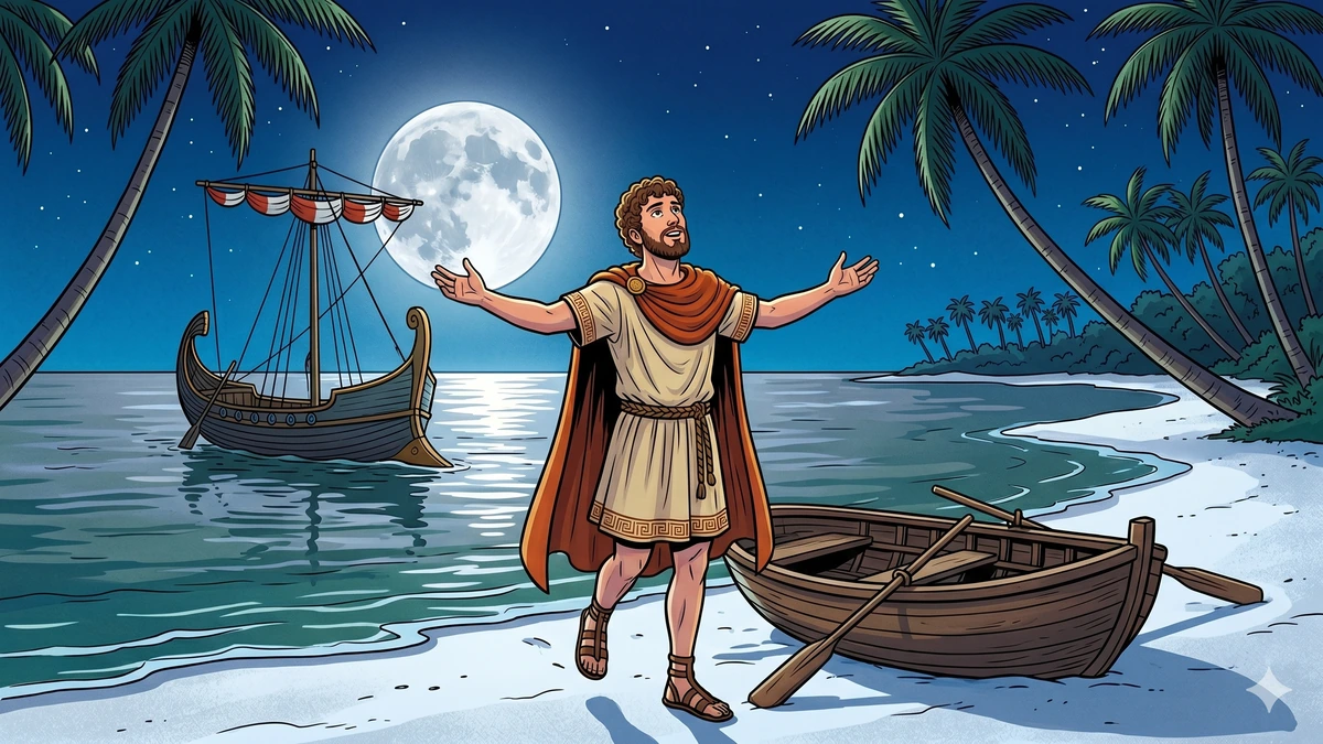 ACK-style scene: Nicholas the Greek traveler leaps from a small landing boat onto the moonlit white sand of the Nagapattinam coast under a huge silver moon, his ship Argyra at anchor on a calm sea