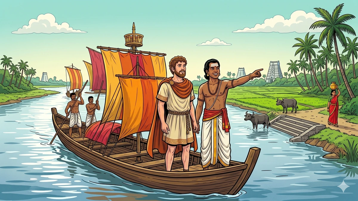 ACK-style scene: Nicholas and his Tamil guide Veeraiyan sail upstream on the Cauvery river aboard a Chola merchant barge with marigold-and-crimson silk sails, lush green rice paddies, water buffalo, and a distant white temple