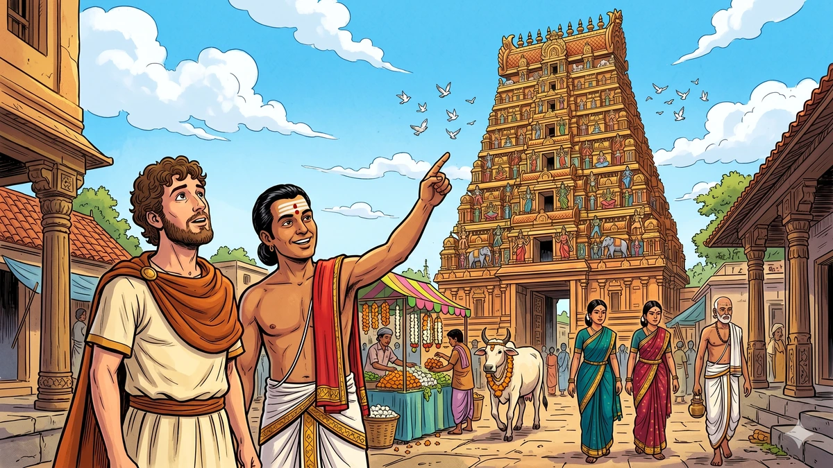 ACK-style scene: Nicholas marvels at a tall ochre-and-terracotta seven-tier Chola Dravidian gopuram in Thanjavur, with Veeraiyan pointing upward, a flower-seller, brahmin priest, Tamil women in peacock-blue and crimson sarees, and a garlanded temple cow on the busy Chola street