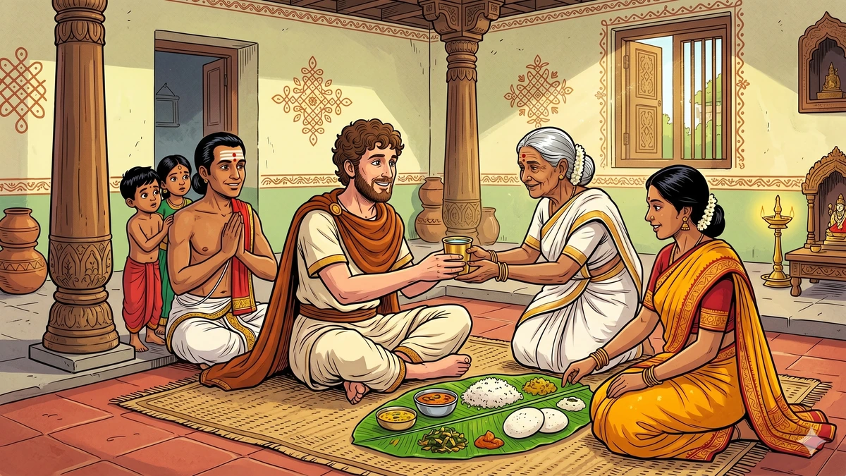 ACK-style scene: a Tamil family welcomes Nicholas with a banana-leaf meal in their lime-washed courtyard, embodying the South Asian hospitality principle of Atithi devo bhava — the grandmother offering brass tumbler of water, the mother placing rice and sambar, two children peeking from behind a carved pillar