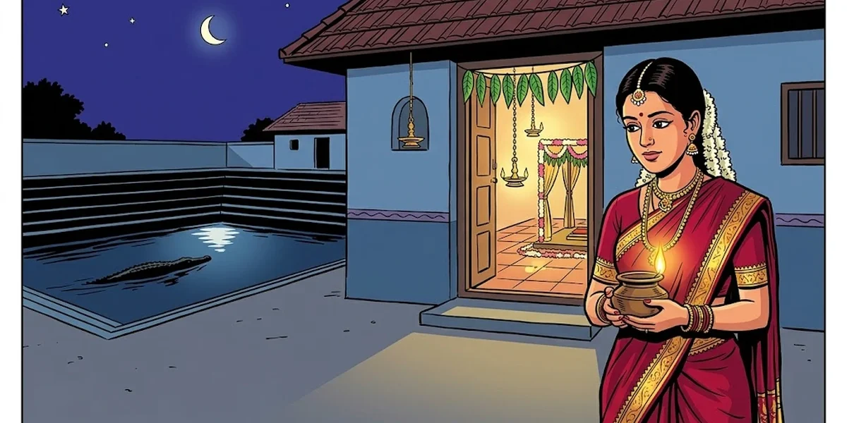 Brahmin bride flashing oil lamp at temple tank crocodile - cover for Why Brahma Cannot Eat in the Dark