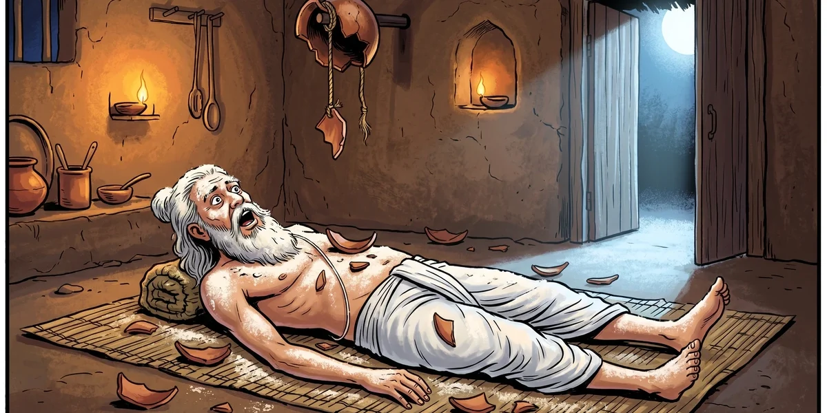Svabhavakripana lying covered in spilled barley meal flour with broken pot shards - The Broken Pot Panchatantra