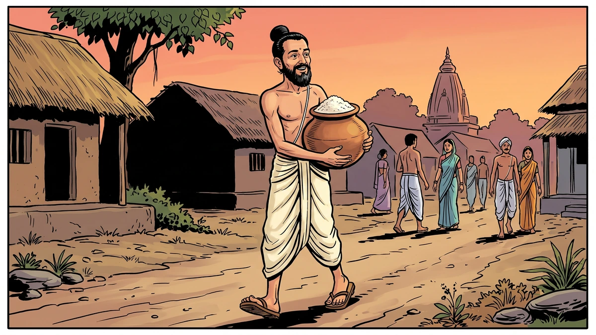 Svabhavakripana walking home with clay pot of barley flour at sunset