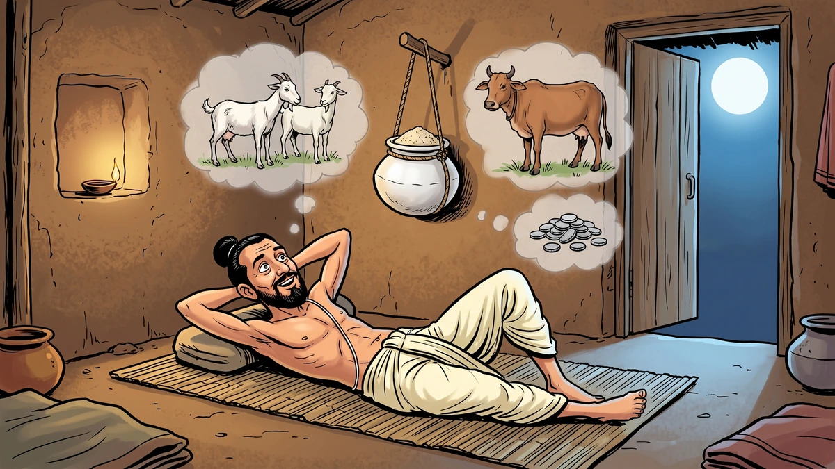 Svabhavakripana lying on reed mat daydreaming of goats and cow under hanging clay pot