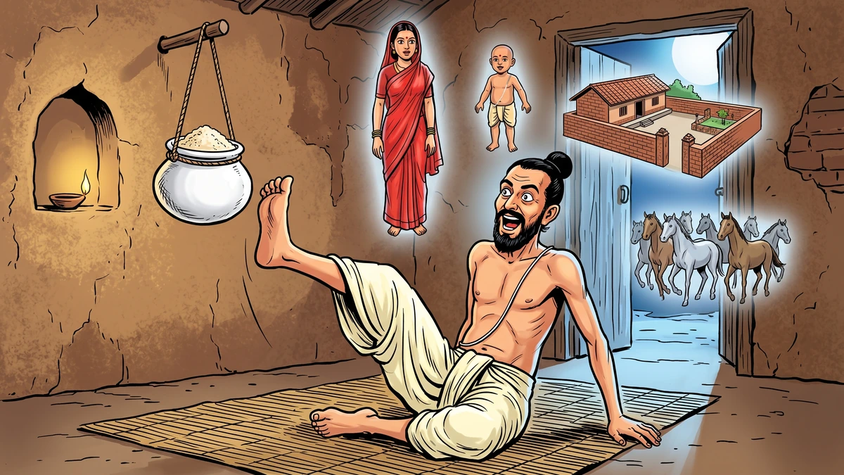 Brahmin sitting cross-legged among broken pot shards in morning light with neighbor woman in doorway