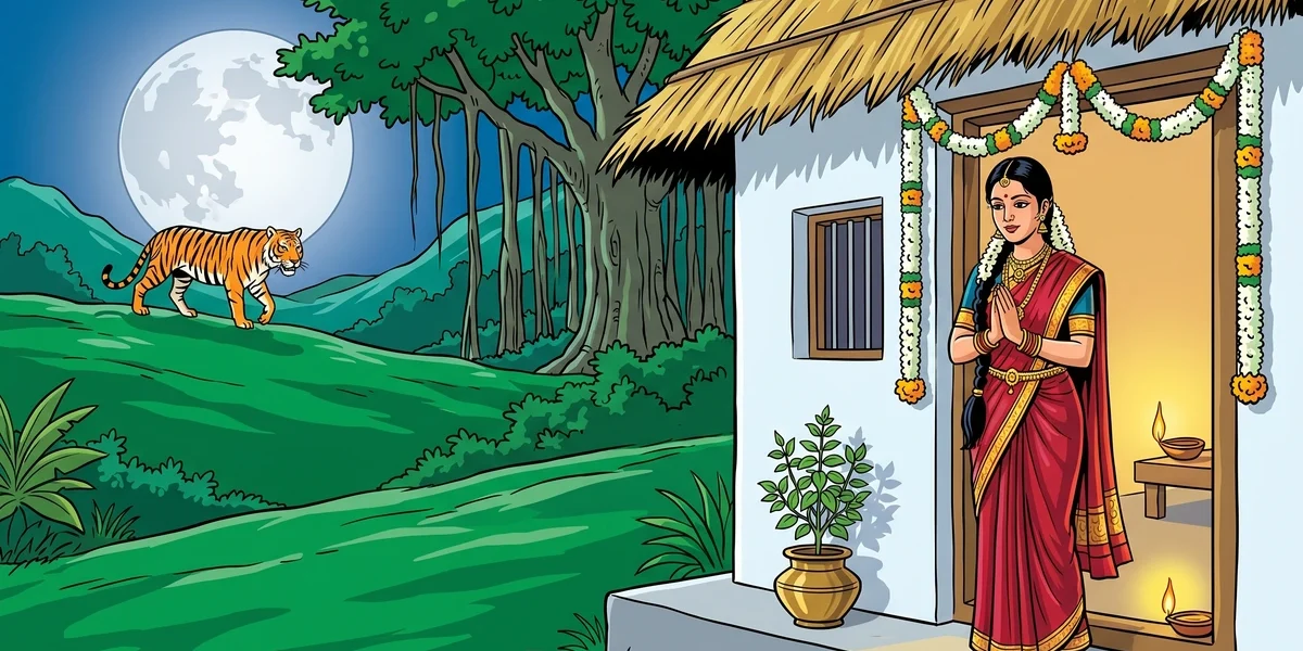 Tamil Brahmin bride Savitri at the threshold of her village house with a tiger prowling under the moonlit forest in the background, ACK style