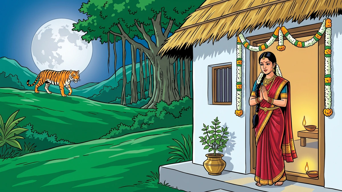 The Brahmin Girl that Married a Tiger - Tamil folktale cover illustration in Amar Chitra Katha (ACK) comic style.