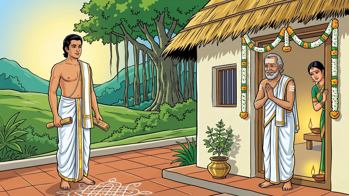 A Tamil suitor in pristine white veshti and angavastram arrives at the doorway of the learned Brahmin's house, palm-leaf manuscript in hand, the daughter Savitri peeking from behind the inner door.