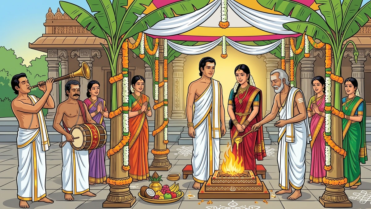 The Tamil wedding under a pandal of plantain leaves and white muslin: the bride Savitri in a deep red Kanchipuram silk sari and the groom in white veshti before the sacred homa fire, with priest, family and nadaswaram-tavil musicians.