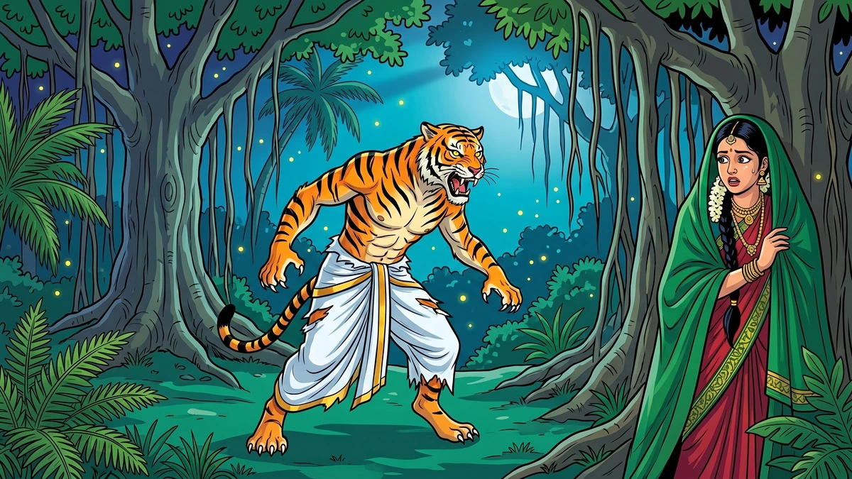 A moonlit clearing in the South Indian forest where Savitri's husband is caught mid-transformation - half man, half tiger - while she watches in courageous horror from behind a banyan tree.