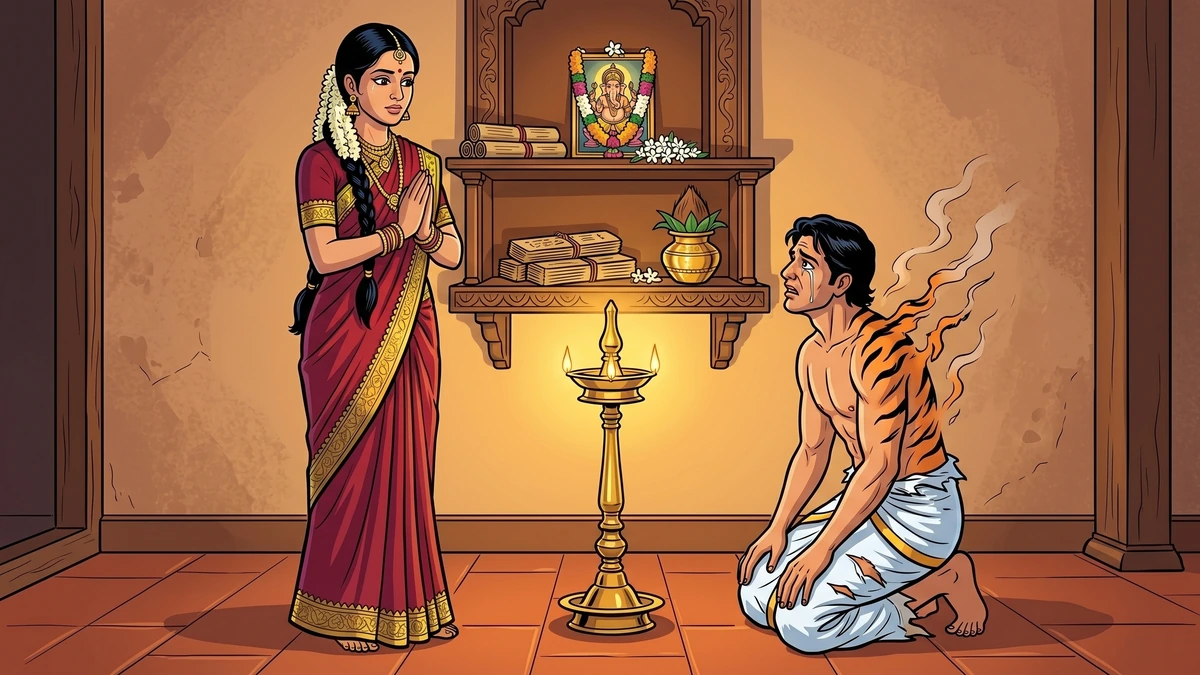 By the warm light of a single brass oil lamp, the brave bride confronts her kneeling, weeping husband as the last orange-and-black tiger stripes melt from his arms - the scene at which the curse breaks.