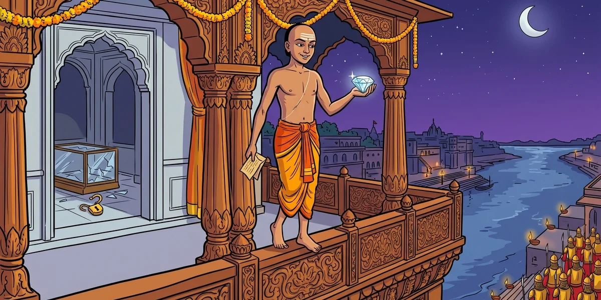 A Clever Thief: Master-Thief Chatur with the diamond on a moonlit Varanasi balcony, ACK comic style