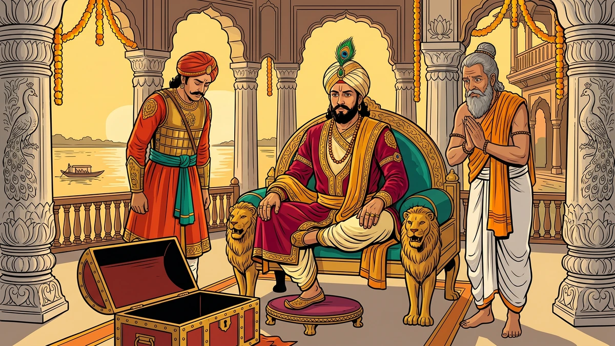 King Brahmadatta of Kashi at dawn-durbar learning of the third treasury robbery, ACK comic style