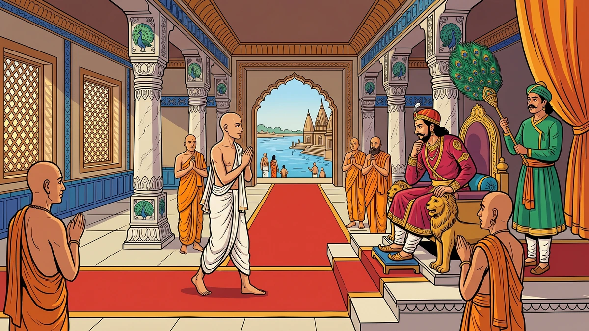 Chatur the clever thief presenting himself in the durbar hall of King Brahmadatta, ACK comic style