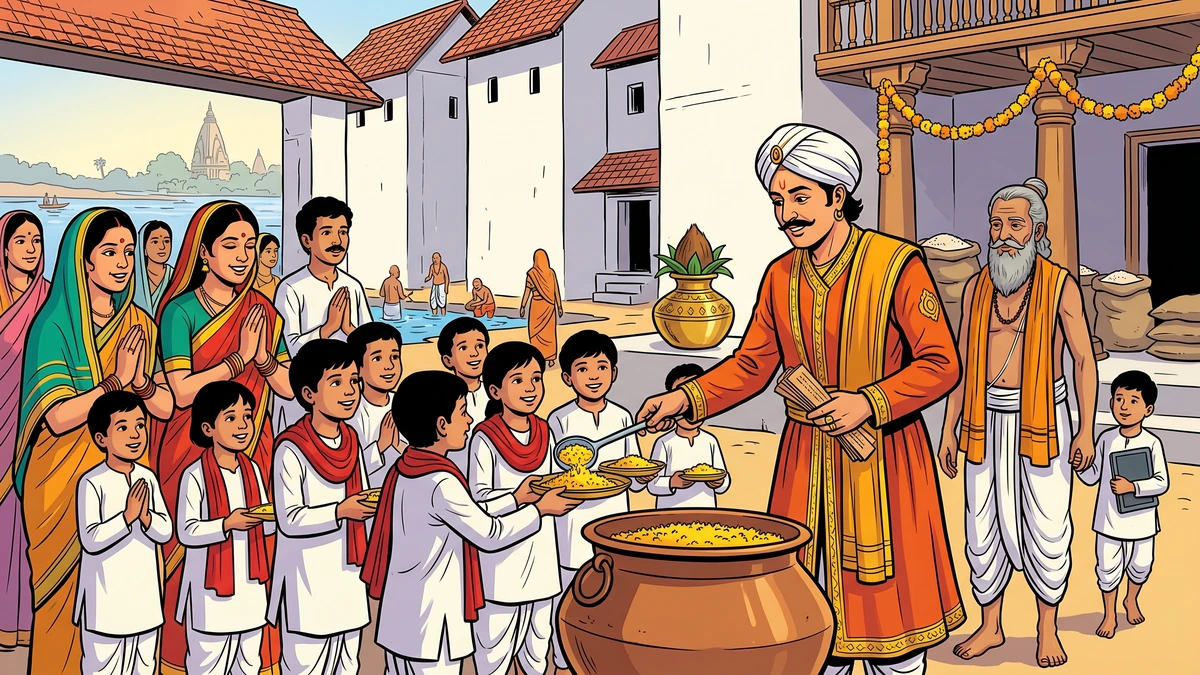 Chatur as buddhi-mantri distributing rice to the orphans of Temple Street, ACK comic style
