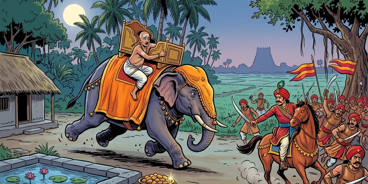 Tamil Brahman flees on war-elephant as emperor Appayya Raja's army flees in panic - ACK style cover for The Story of Appayya