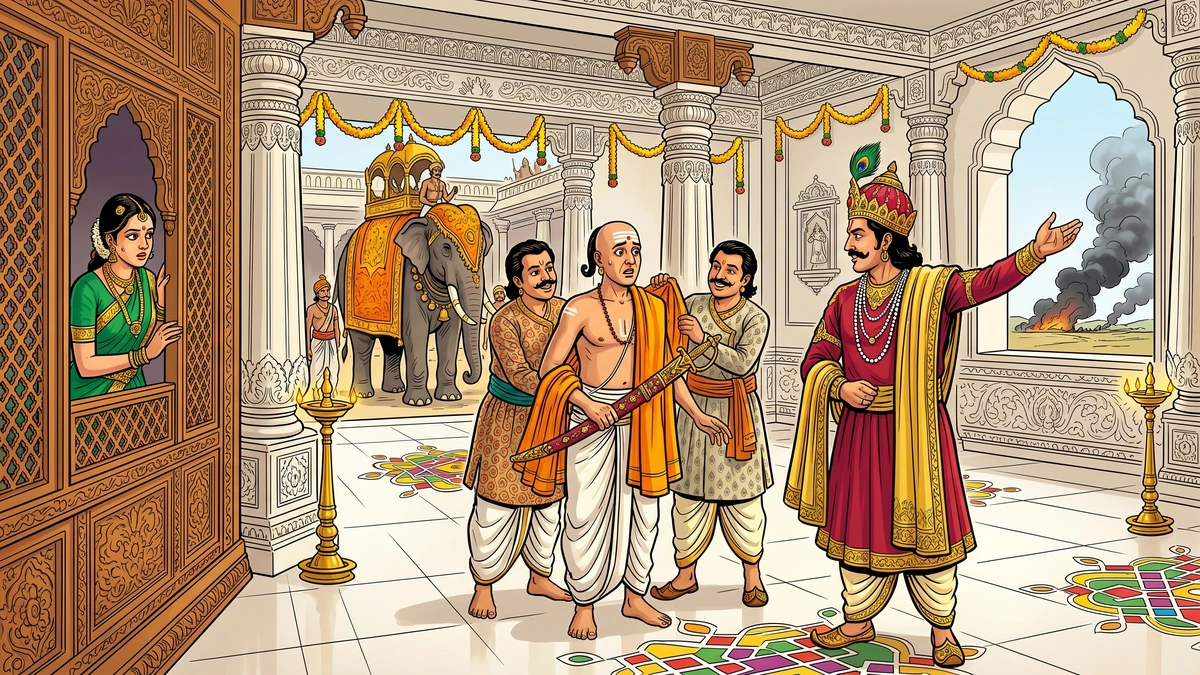 Tamil king commissions trembling Brahman as champion in Tanjavur palace audience hall