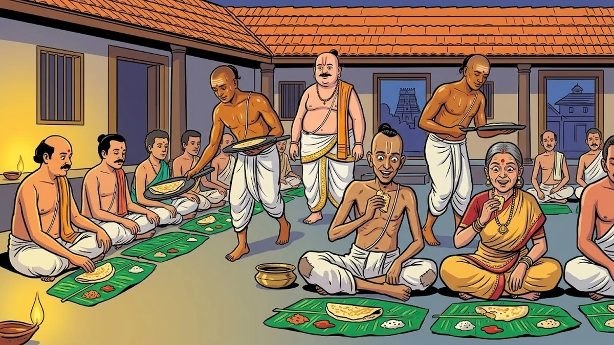 Tamil Madhva feast: golden tosai pancakes served on banana leaves