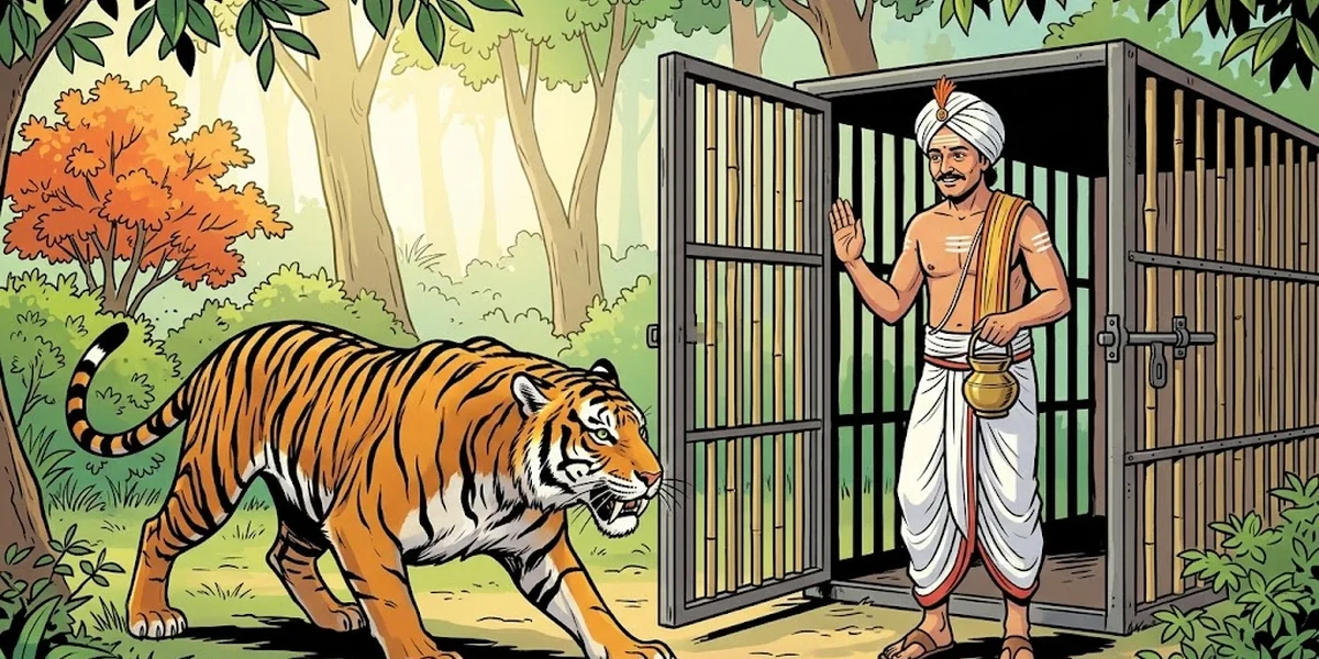 ACK style Punjabi Brahman Karuna Das opens iron-bolt cage door of trapped Bengal tiger in sal-and-shisham forest at dawn