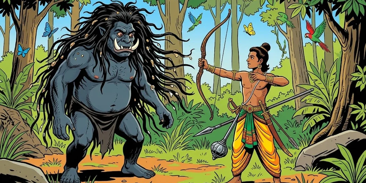 ACK Bodhisatta-prince Pancavudha-kumara confronts the matted-hair ogre Silesaloma in sal forest - Pancavudha-Jataka 55
