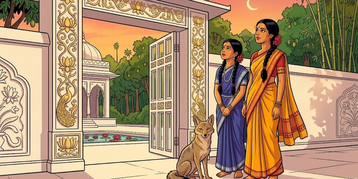 The two princesses Nala and Dehra with the wise jackal at the open marble gate of the Rakshas’s jungle palace, Amar Chitra Katha-style cover illustration of The Wise Jackal