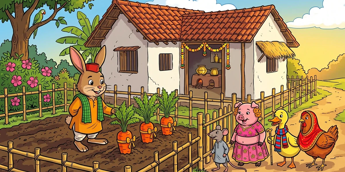 Mr Bunny's Carrot Soup — ACK Indian village garden cover with rabbit, four carrots, and four animal friends