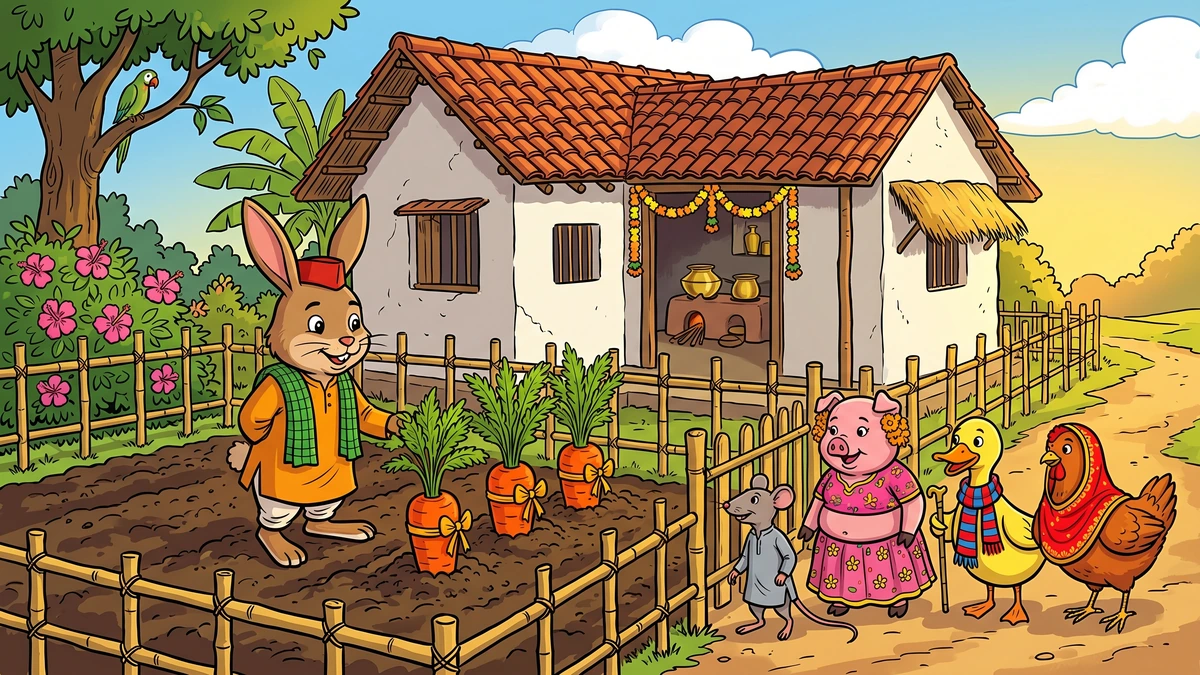 Mr Bunny's Carrot Soup — Indian village garden cover with rabbit, four carrots, and four animal friends in ACK Amar Chitra Katha style