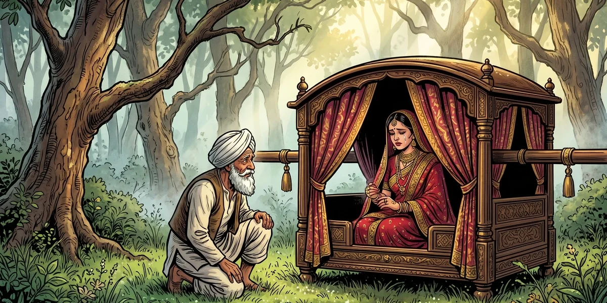 Old Punjabi farmer kneels beside a silk-curtained palanquin holding the weeping queen at dawn in a misty forest — Andrew Lang Olive Fairy Book "Jackal or Tiger" cover
