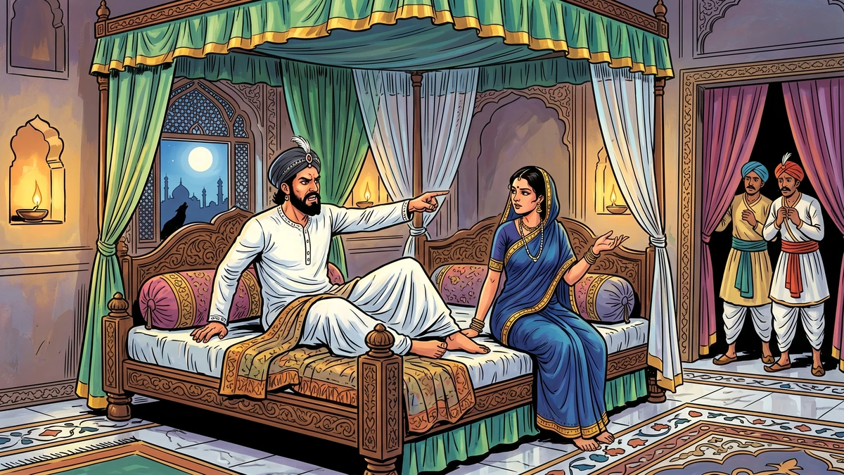 Late Mughal king and queen in a royal bedchamber as a jackal howls beyond the carved jali window — Jackal or Tiger scene 1