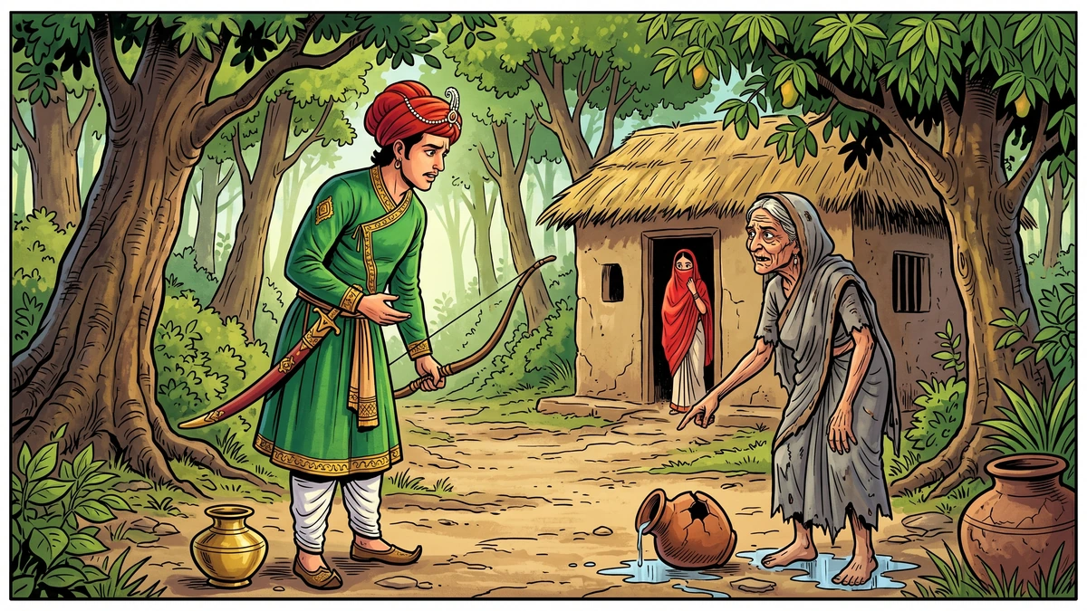 Prince Ameer Ali apologizes to the old hag whose pitcher he broke as the forest fairy peeks from the doorway — Jackal or Tiger scene 2