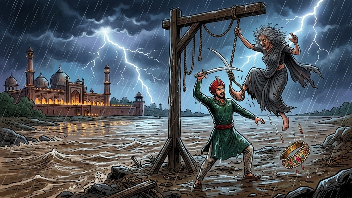 Prince Ameer Ali's upward sword stroke severs both the noose and the witch's foot at a stormy gallows — Jackal or Tiger scene 3