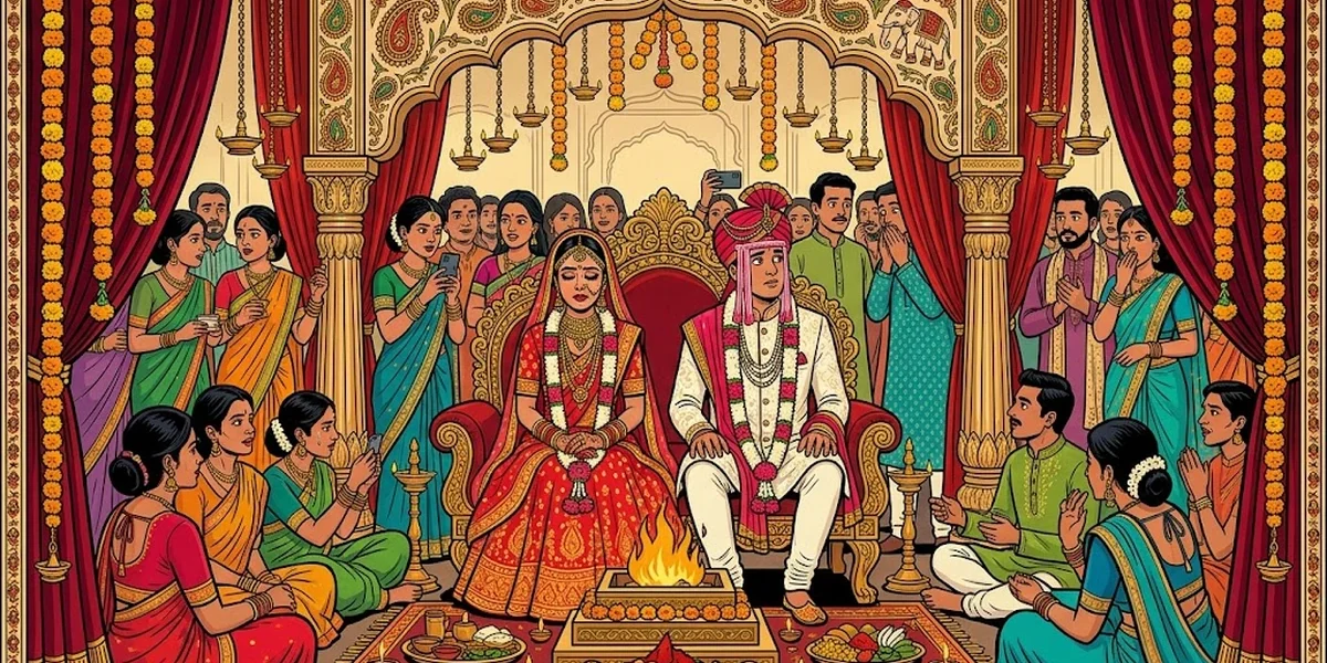 Indian wedding mandap ACK style — bride and groom on gilded throne with relatives gossiping
