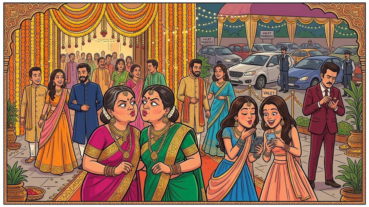 The procession — relatives arriving in flashy saris and lehengas at a North Indian wedding hall