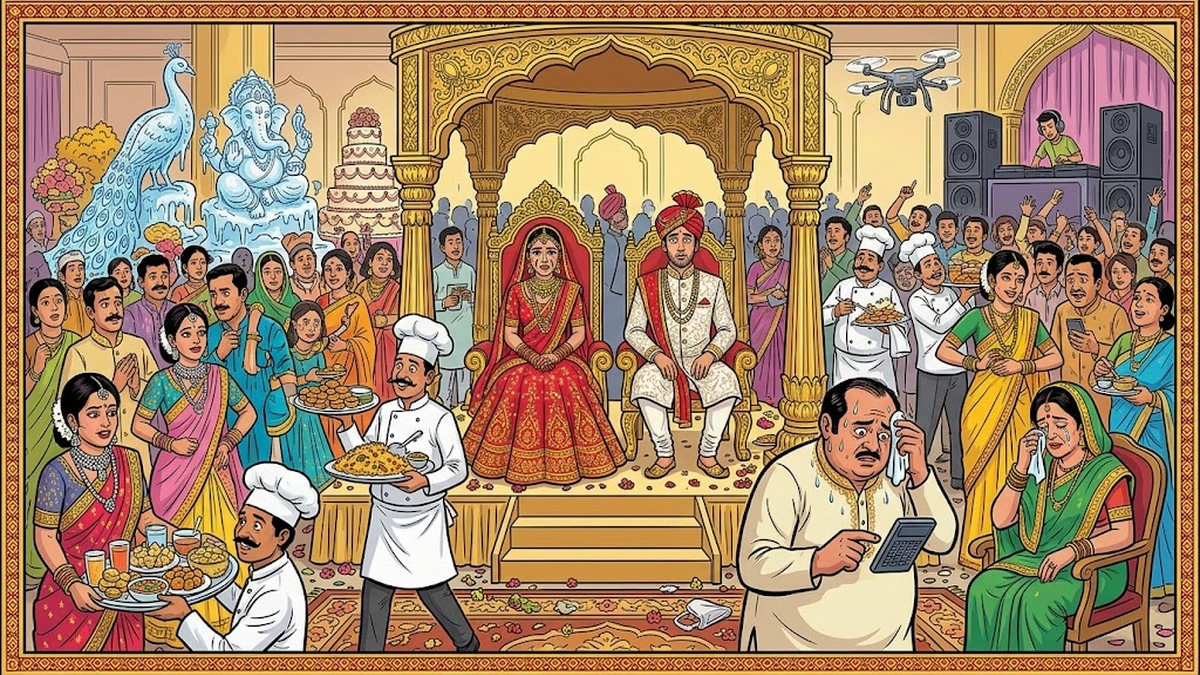The spectacle — bride and groom on a gilded throne while caterers carry biryani platters and a drone hovers