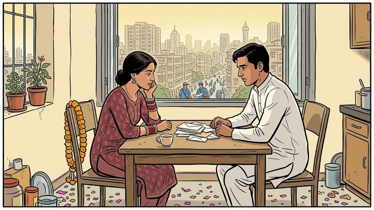 The reckoning — young couple at a kitchen table the morning after their wedding facing debt envelopes
