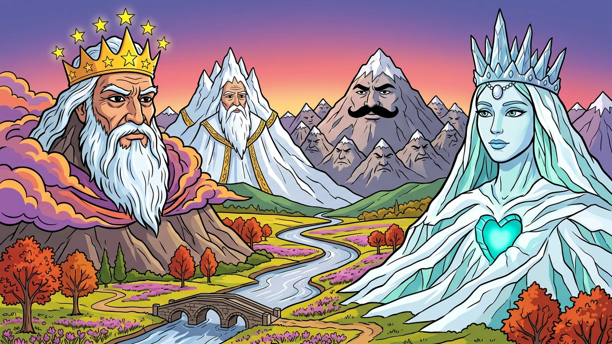 The Legend of Gwashbrari the Glacier Hearted Queen cover - icy Kashmiri queen Gwashbrari crowned with glacier-snow gazing across the Vale of Kashmir while the proud mountain king Westarwan towers crowned by stars, Harmukh and Nanga Parbat in vast circle around them, ACK style folk tale illustration from Tales of the Punjab 1894