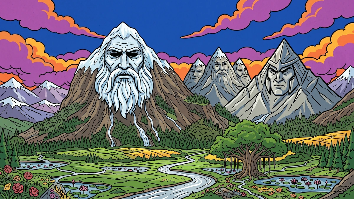 Gwashbrari the glacier-hearted queen mountain shimmering pale icy-white with serene cold beauty crowned with shining glaciers and a turquoise crevasse for a heart, smiling a contemptuous smile while the resentful mountains around her grumble, ACK style