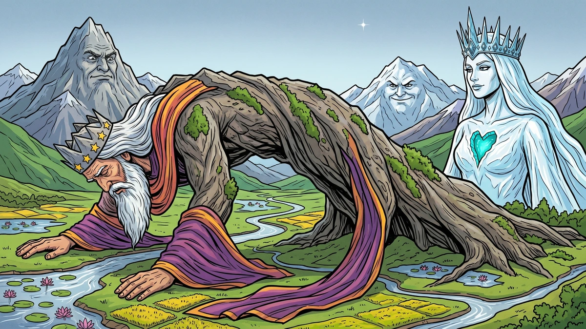 Mountain king Westarwan stooping his vast star-crowned body lower and lower bending across the Vale of Kashmir to reach down to the cold glacier queen Gwashbrari who stands serene and unmoved while his great length lies stretched out across the valley floor as he becomes the long Wastarvan ridge, ACK style