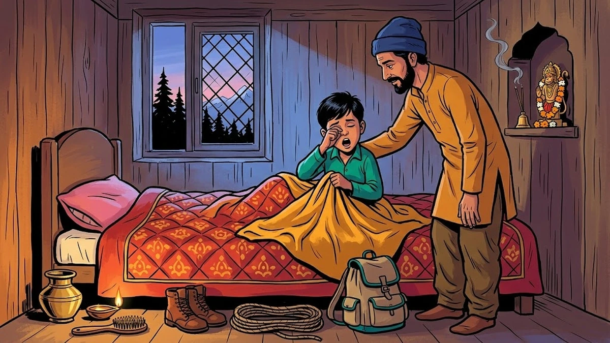 Rohan's father gently waking him in the cold blue pre-dawn hour of a small Pahari Himalayan home, brass diya lamp burning, climbing boots ready beside the bed